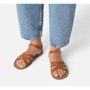 Salt Water Womens 7 Tan Original Leather Flat Sandals Ankle Strap Summer OS35-17